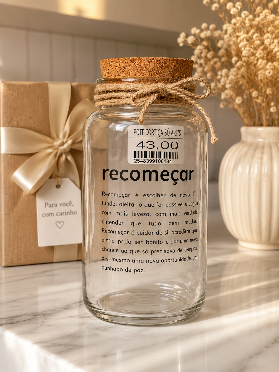 Pote Decorativo de Vidro “Recomeçar” com Tampa de Cortiça – 750ml