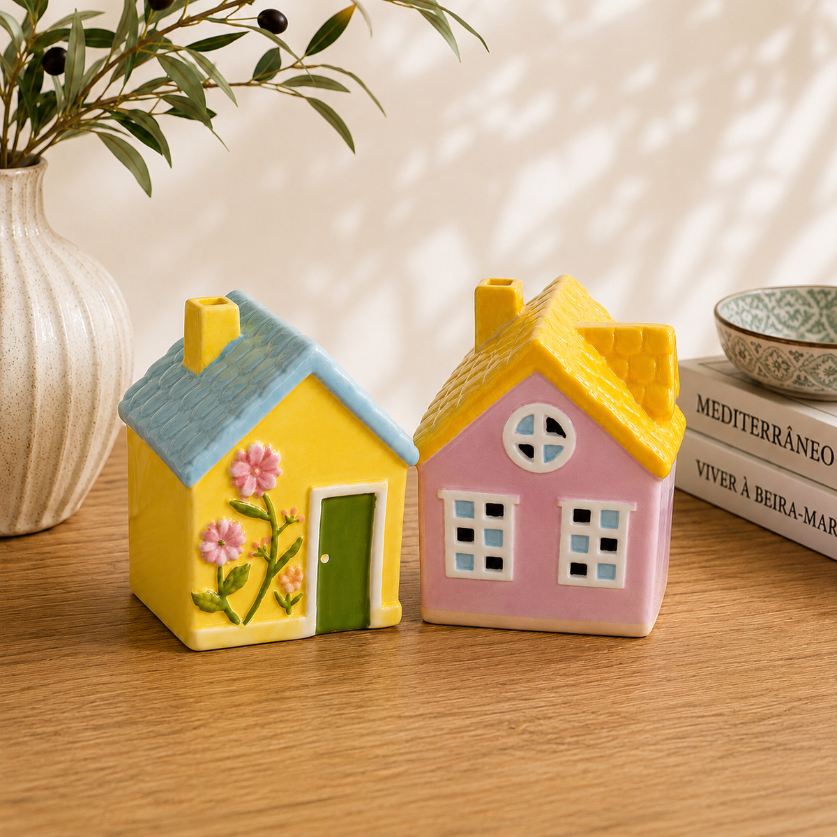 Casa Decorativa em Cerâmica Rosa com Telhado Amarelo Handpainted