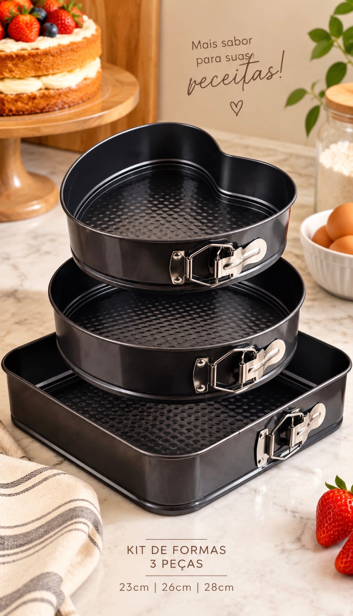 Conjunto de Formas para Bolo com Fundo Removível – 3 Peças