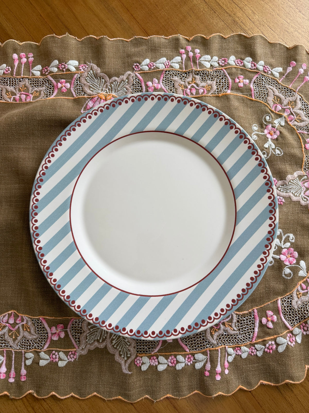 Prato Raso de Cerâmica Listrado Azul e Branco com Borda Vermelha 29cm
