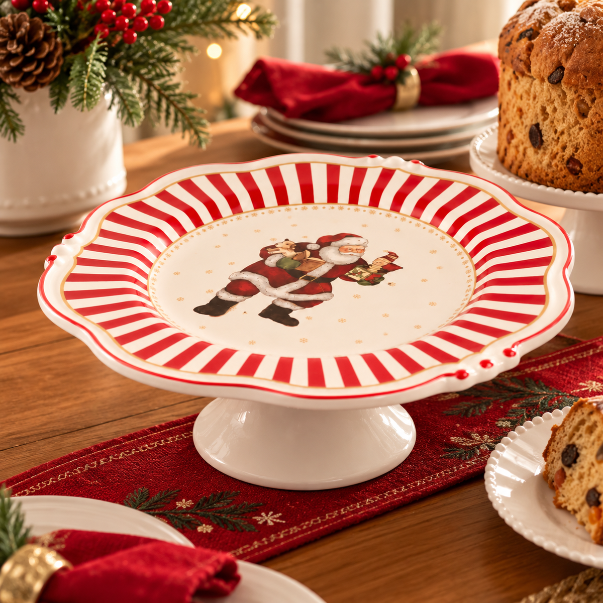 Boleira Natalina Papai Noel com Listras Vermelhas 29cm