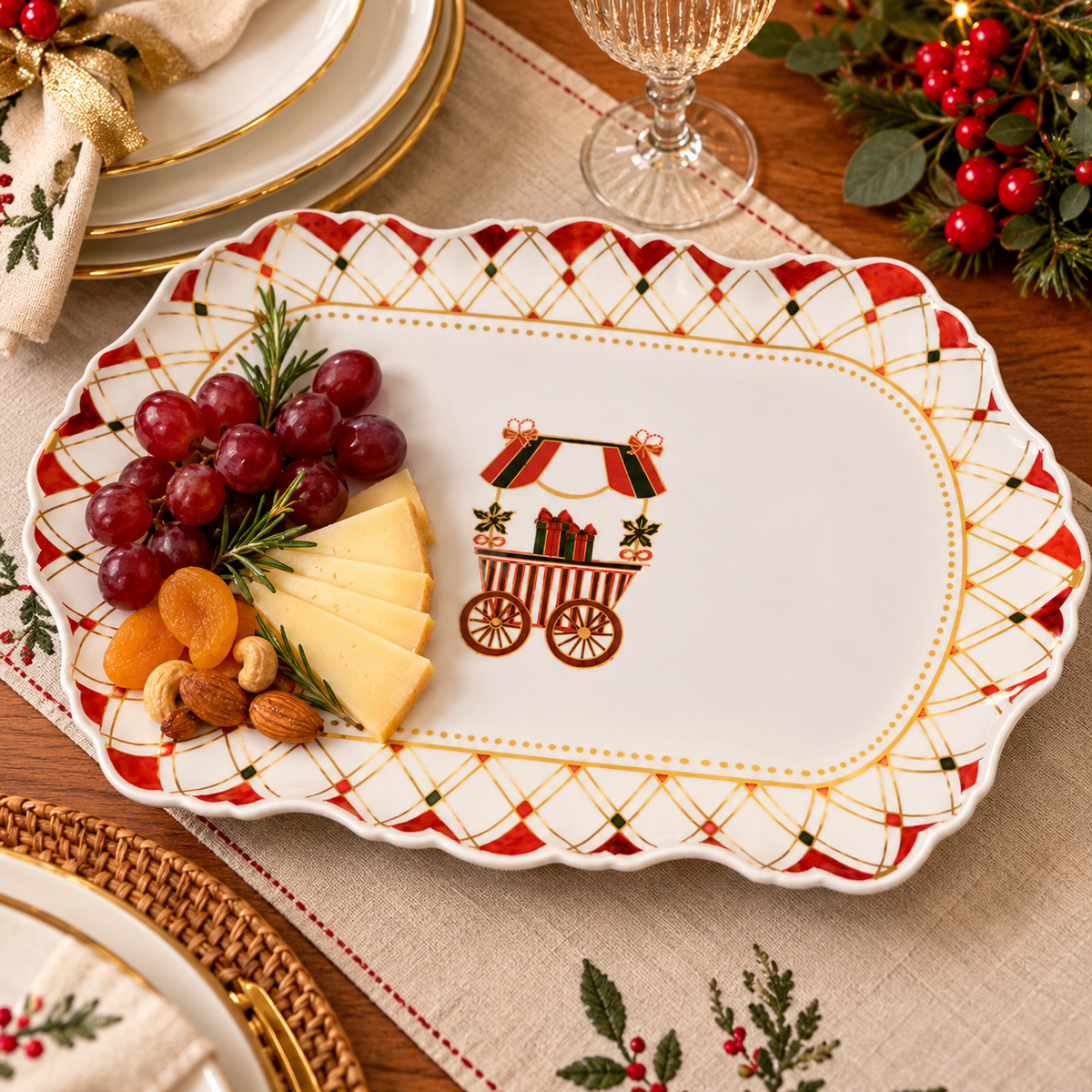 Travessa Decorativa Natalina em Porcelana com Detalhes Dourados e Vermelhos