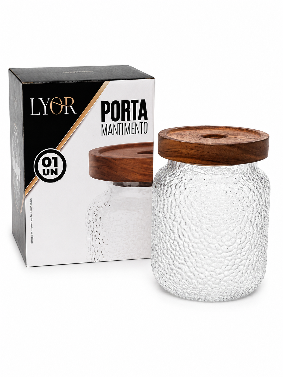 Pote Porta Mantimento de Vidro Texturizado com Tampa de Madeira – Lyor