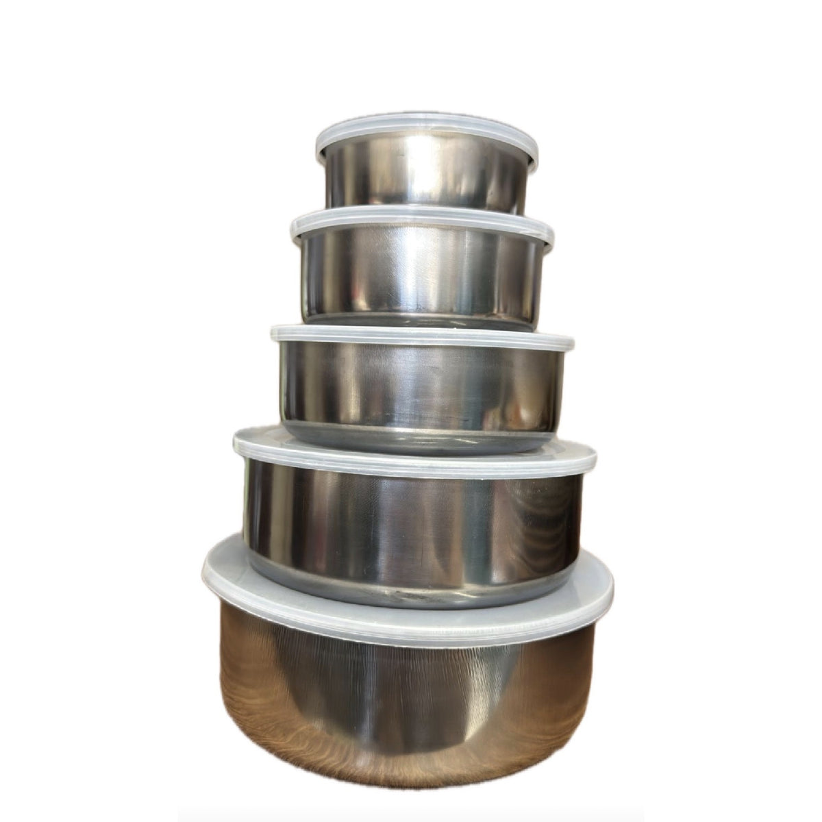Conjunto de Potes Redondos em Aço Inox com Tampa – Kit 5 Peças