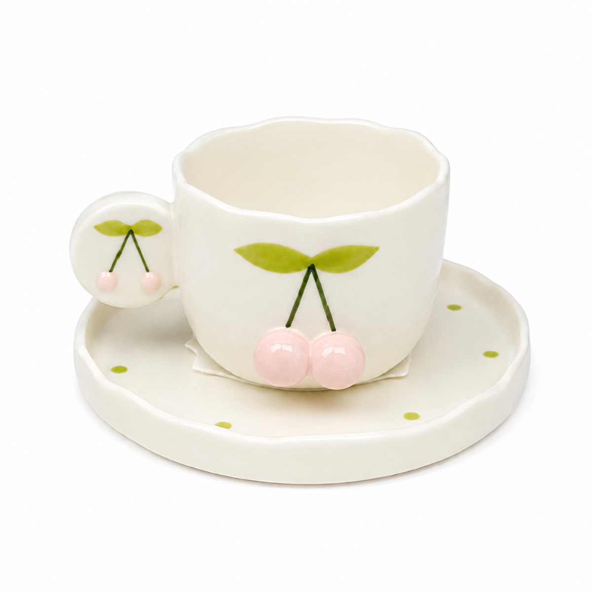 Xícara de Café com Pires Cereja 3D | Cerâmica Fofa Estilo Cute | 150ml