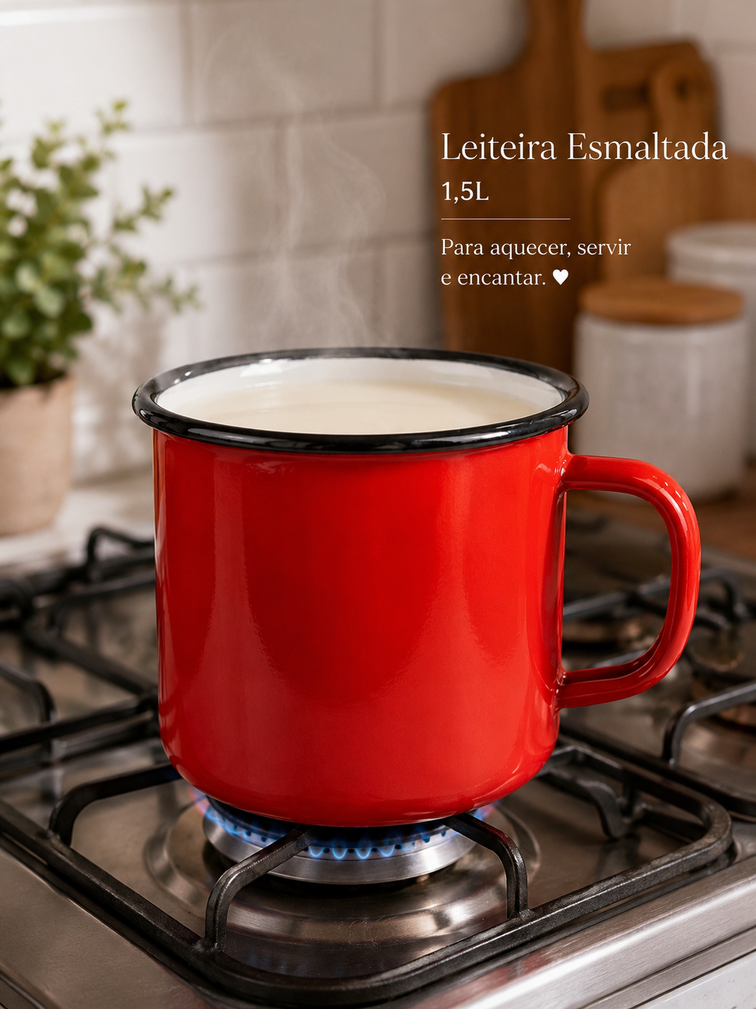 Leiteira Esmaltada Vermelha 1,5L com Borda Preta
