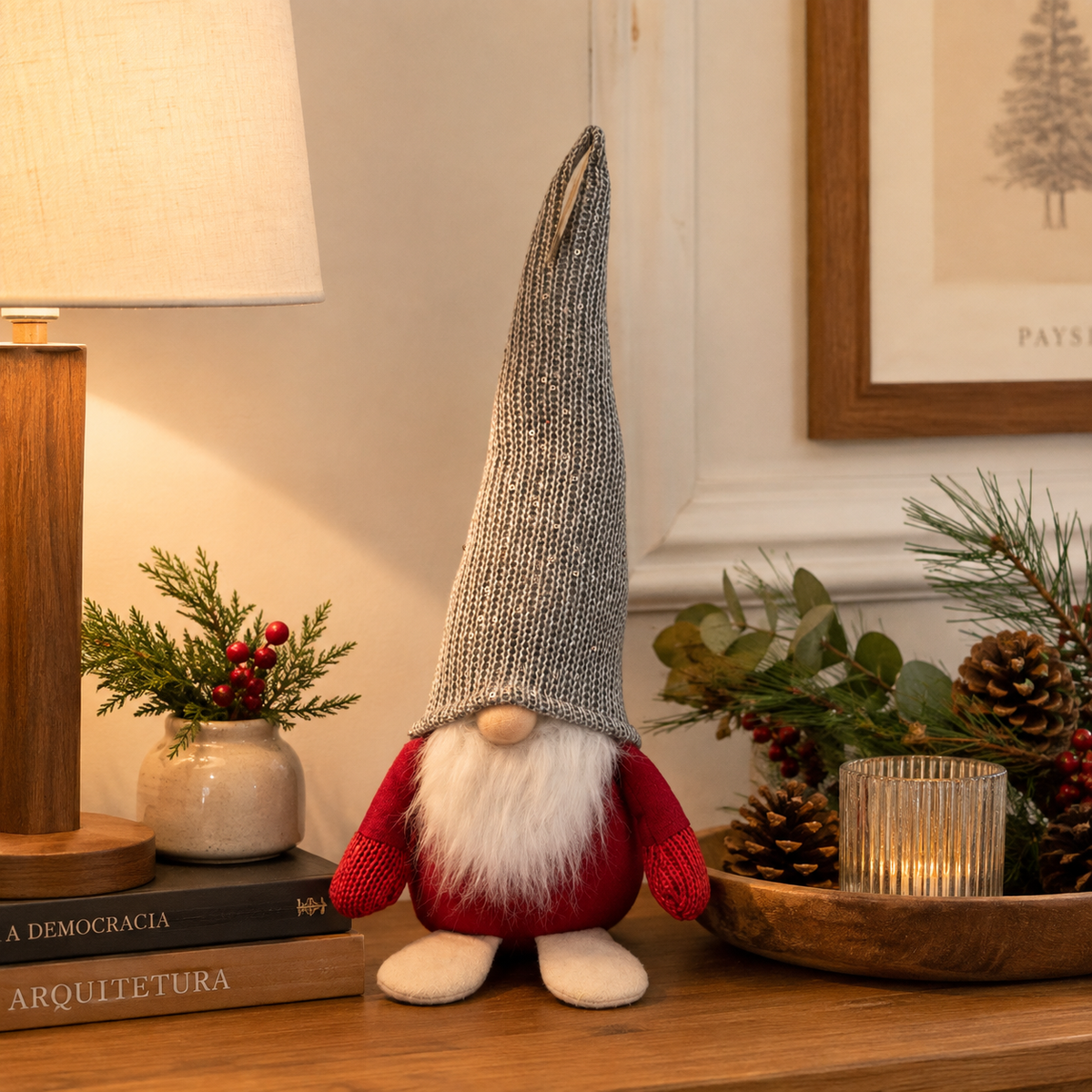 Gonco (Gnomo) Decorativo de Natal Vermelho com Gorro Prateado