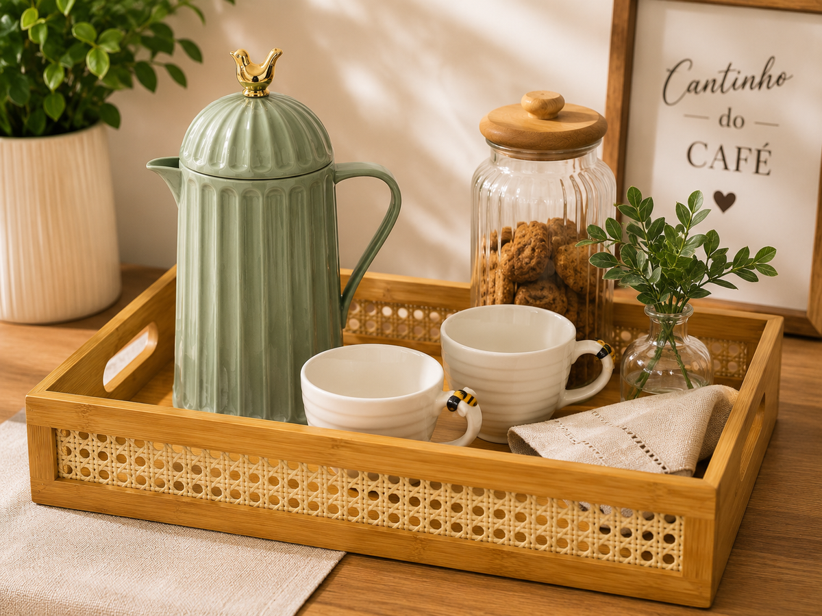Bandeja de Bambu com Detalhes em Rattan Natural 40x28cm