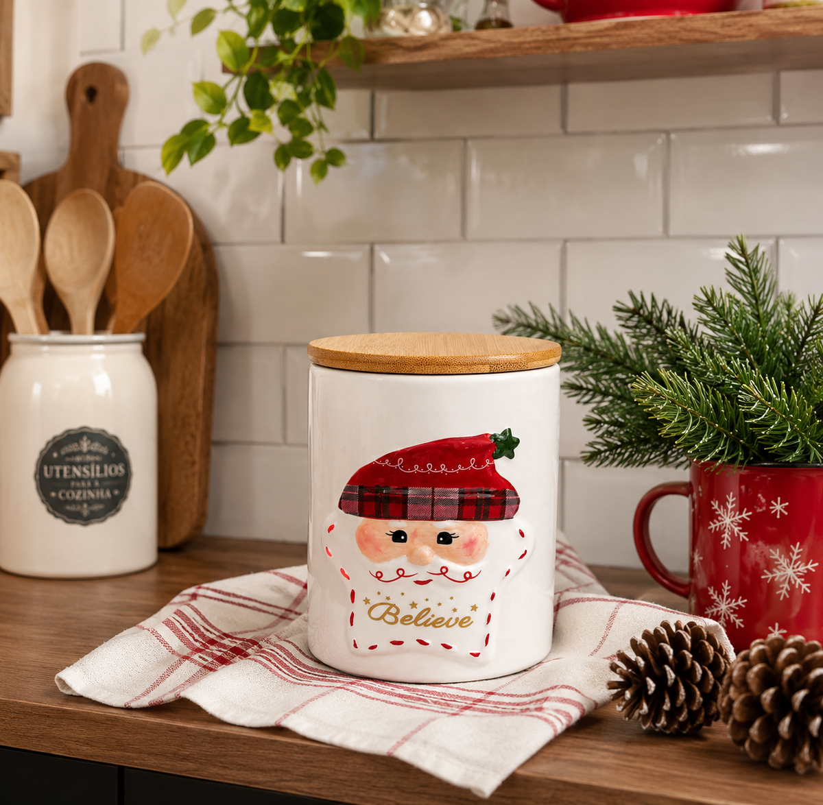 Pote Natalino Papai Noel com Tampa de Bambu – 650 ml