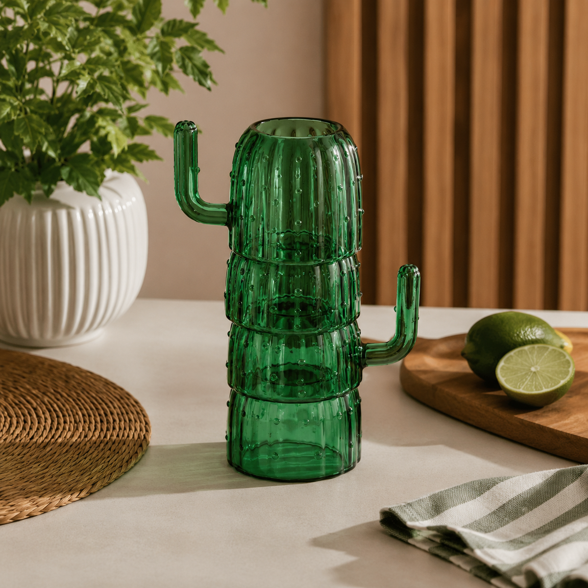 Conjunto Cacto em Vidro Verde – 2 Copos + 2 Xícaras