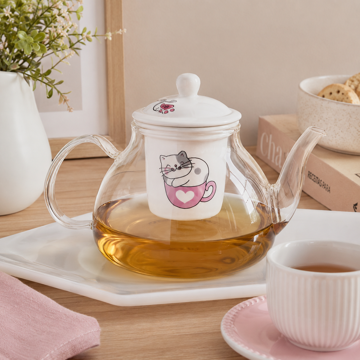 Chaleira de Vidro Borossilicato para Fogão com Infusor de Cerâmica Gatinho