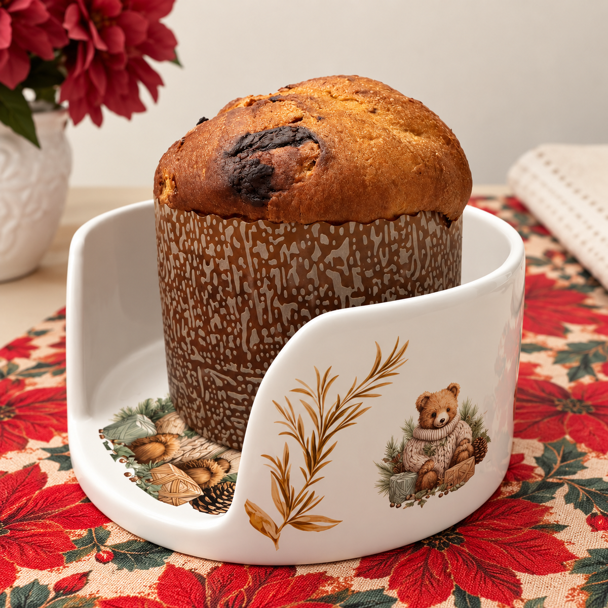 Suporte para Panetone em Cerâmica Urso Natalino