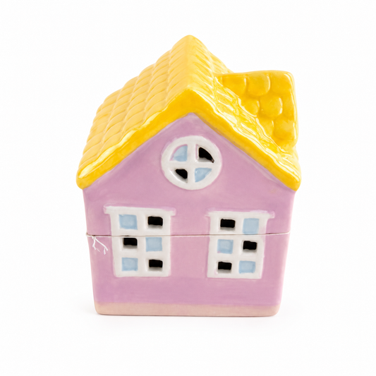 Casa Decorativa em Cerâmica Rosa com Telhado Amarelo Handpainted