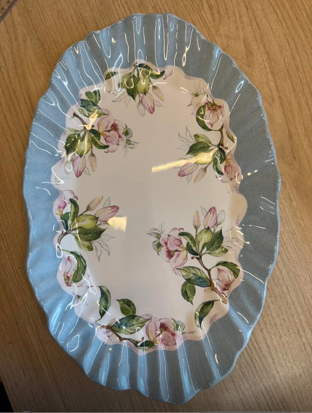 Travessa Oval de Cerâmica Floral Azul 25 x 45 cm