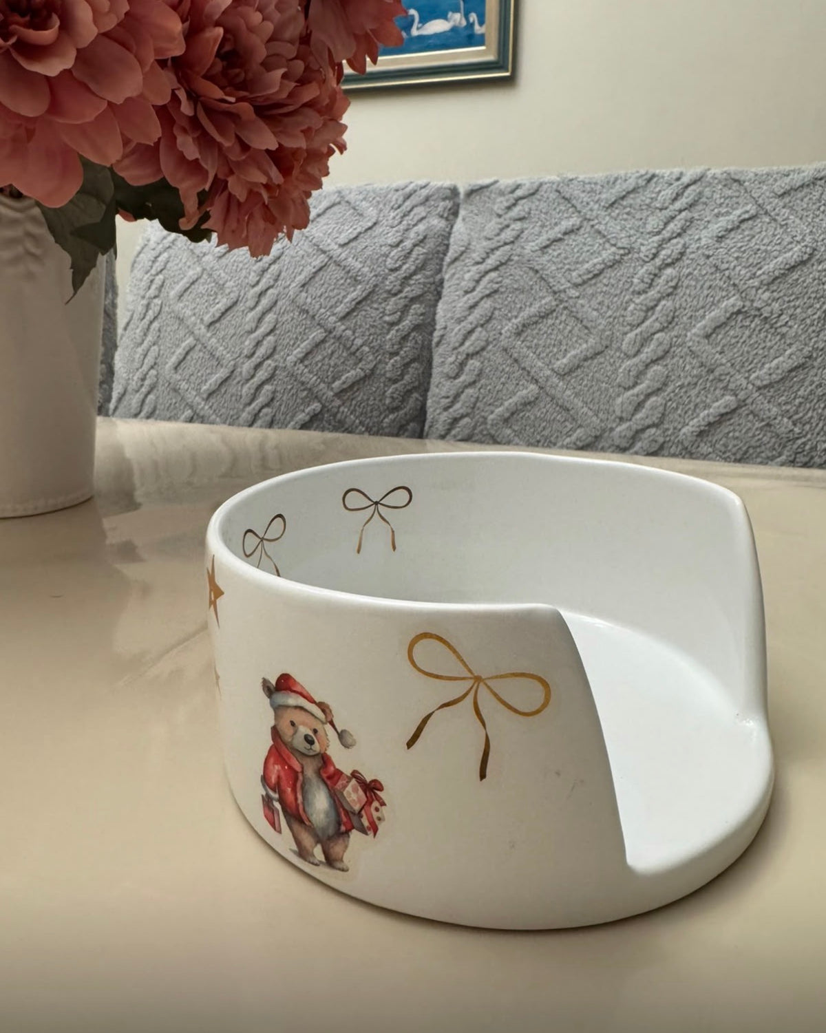 Porta Panetone de Cerâmica Natalino Ursinho com Laços Dourados