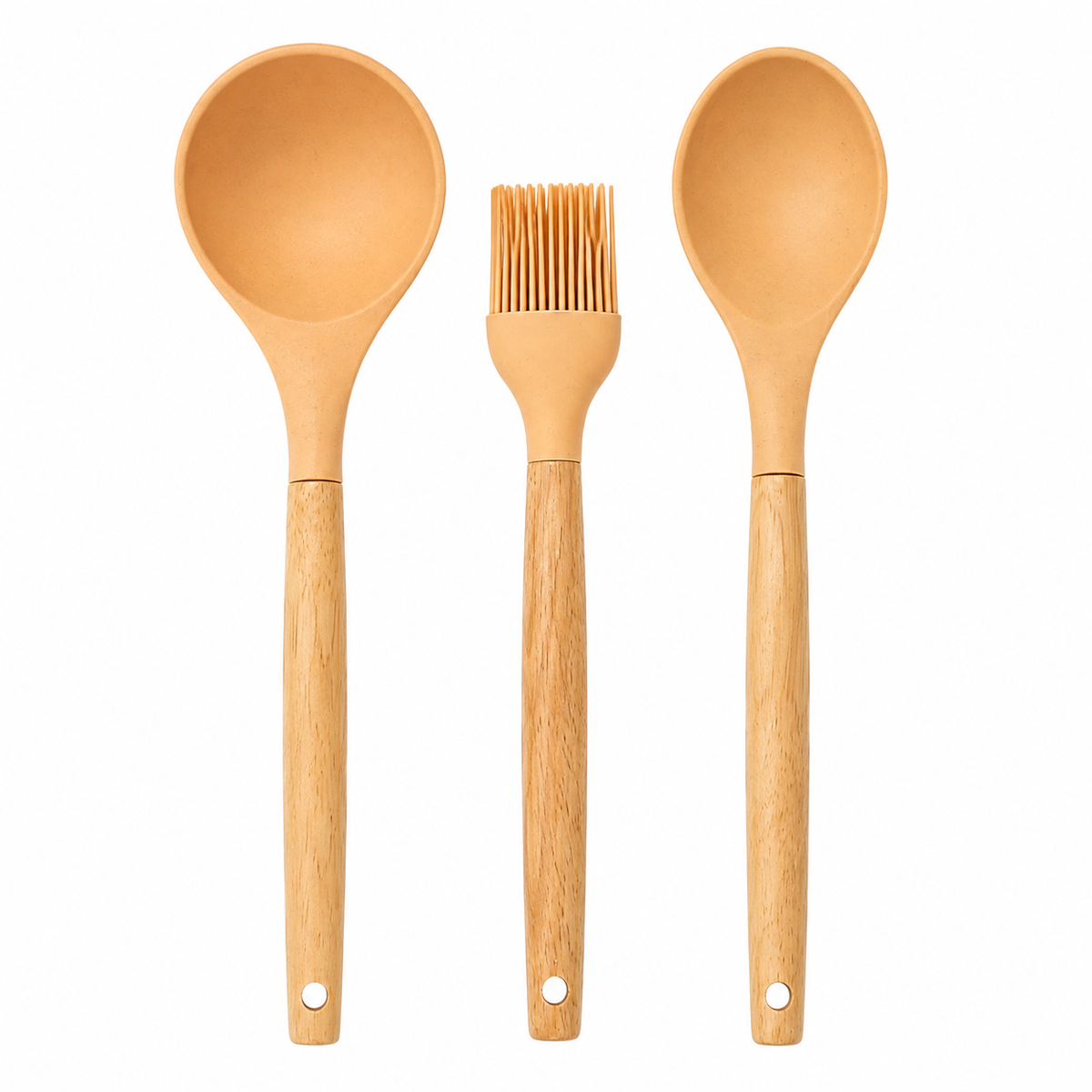 Kit Utensílios de Silicone com Cabo de Madeira – Concha, Colher e Pincel Culinário