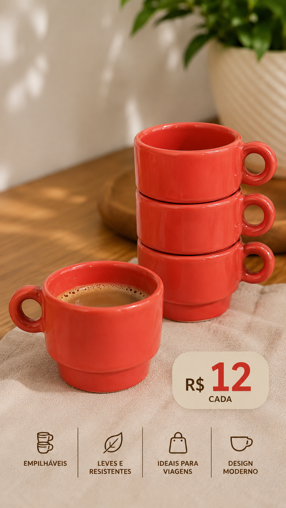 Xícara Empilhável em Cerâmica – Coral | Design Moderno 190ml