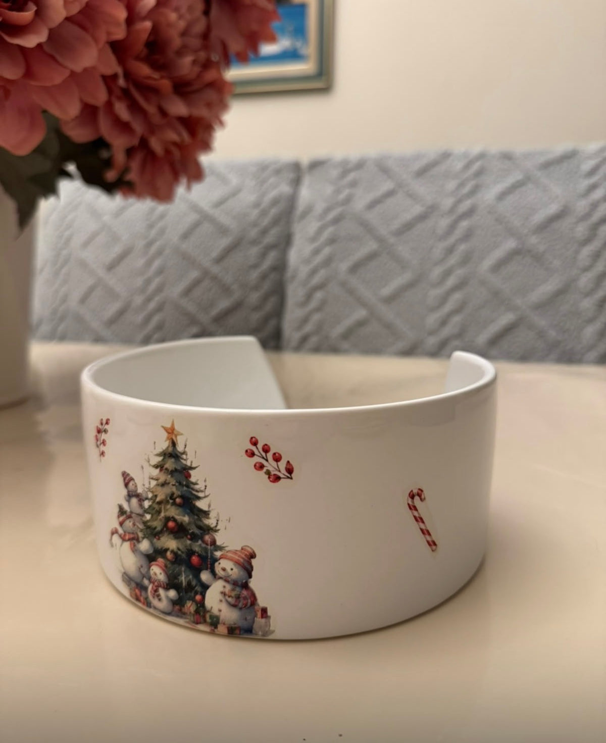Porta Panetone Cerâmica Natalina com Bonecos de Neve e Árvore de Natal