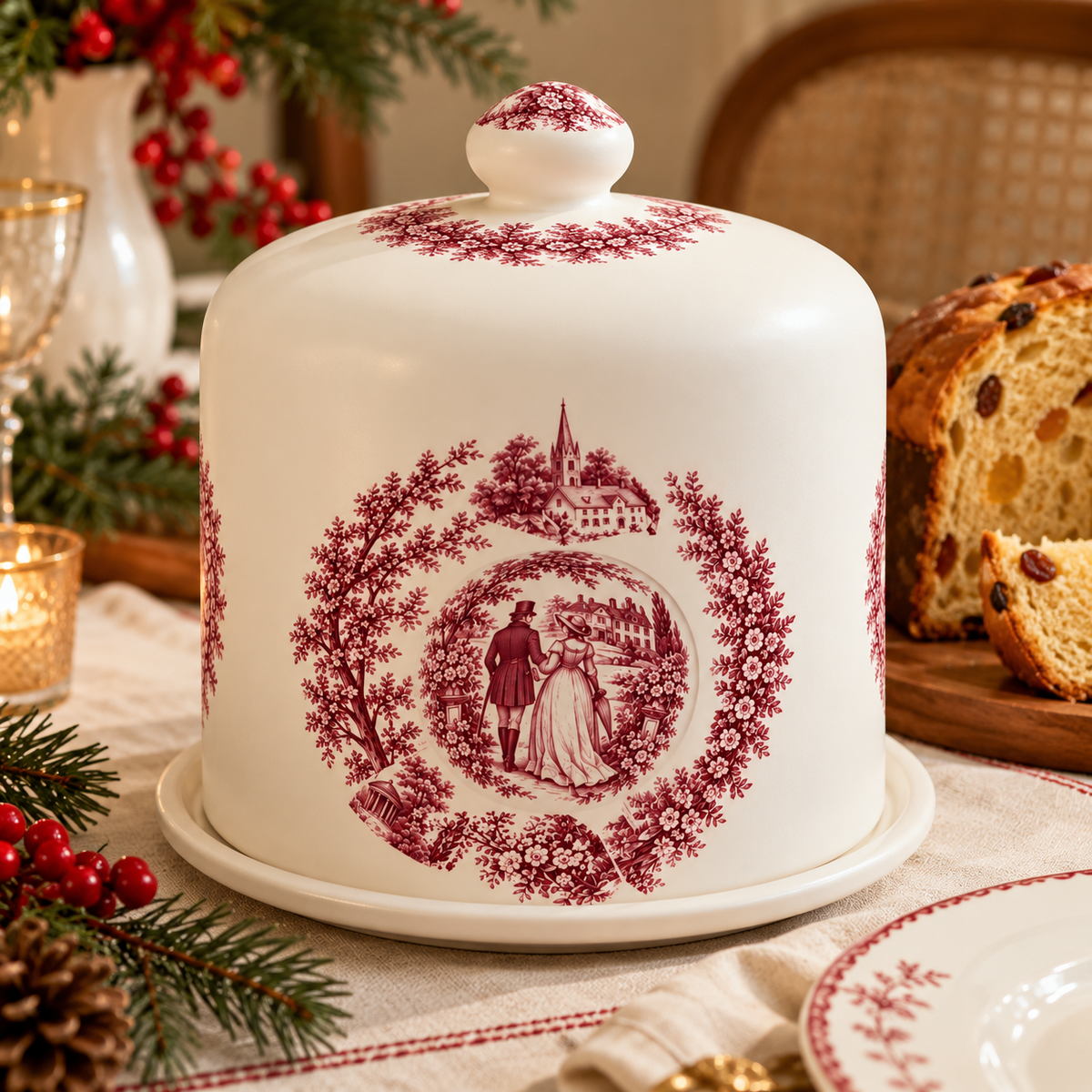 Panetoneira de Cerâmica Toile de Jouy Marsala com Tampa e Prato
