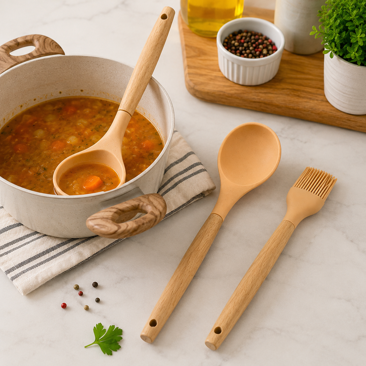 Kit Utensílios de Silicone com Cabo de Madeira – Concha, Colher e Pincel Culinário