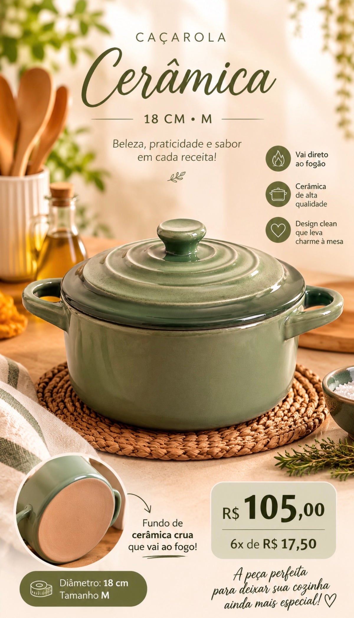 Caçarola Verde Sage com Tampa em Cerâmica