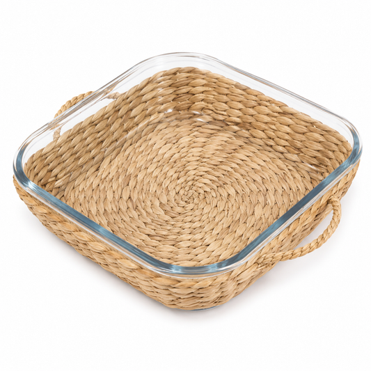 Travessa Assadeira de Vidro com Suporte em Fibra Natural – Refratário Elegante para Servir