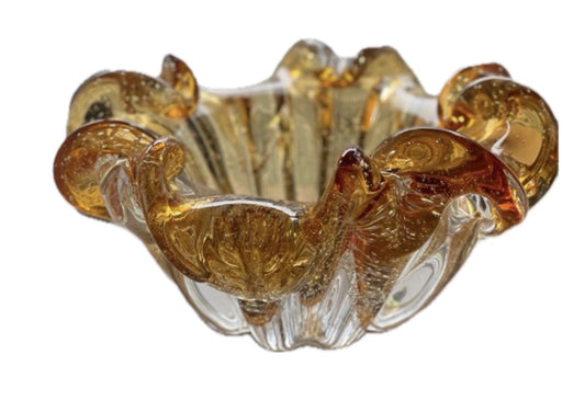 Centro de Mesa em Vidro Âmbar Ondulado – Estilo Murano Decorativo