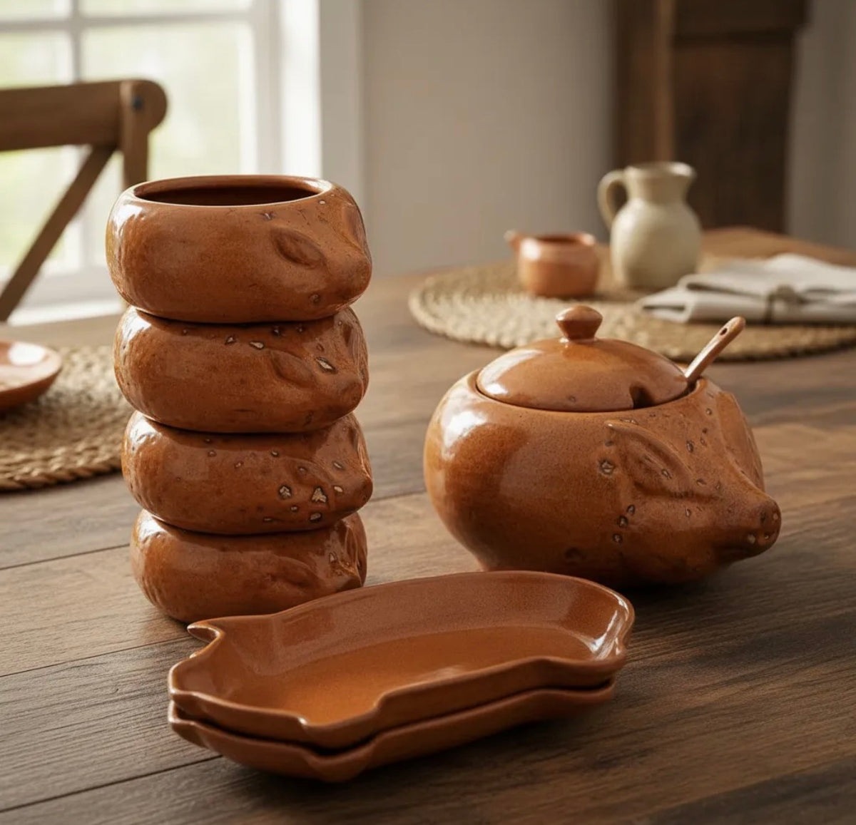 Conjunto para Feijoada em Cerâmica Rústica – Kit Porquinho Decorativo com Cumbucas e Travessas