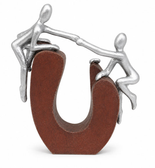 Escultura Decorativa União e Apoio em Madeira e Metal – Design Moderno