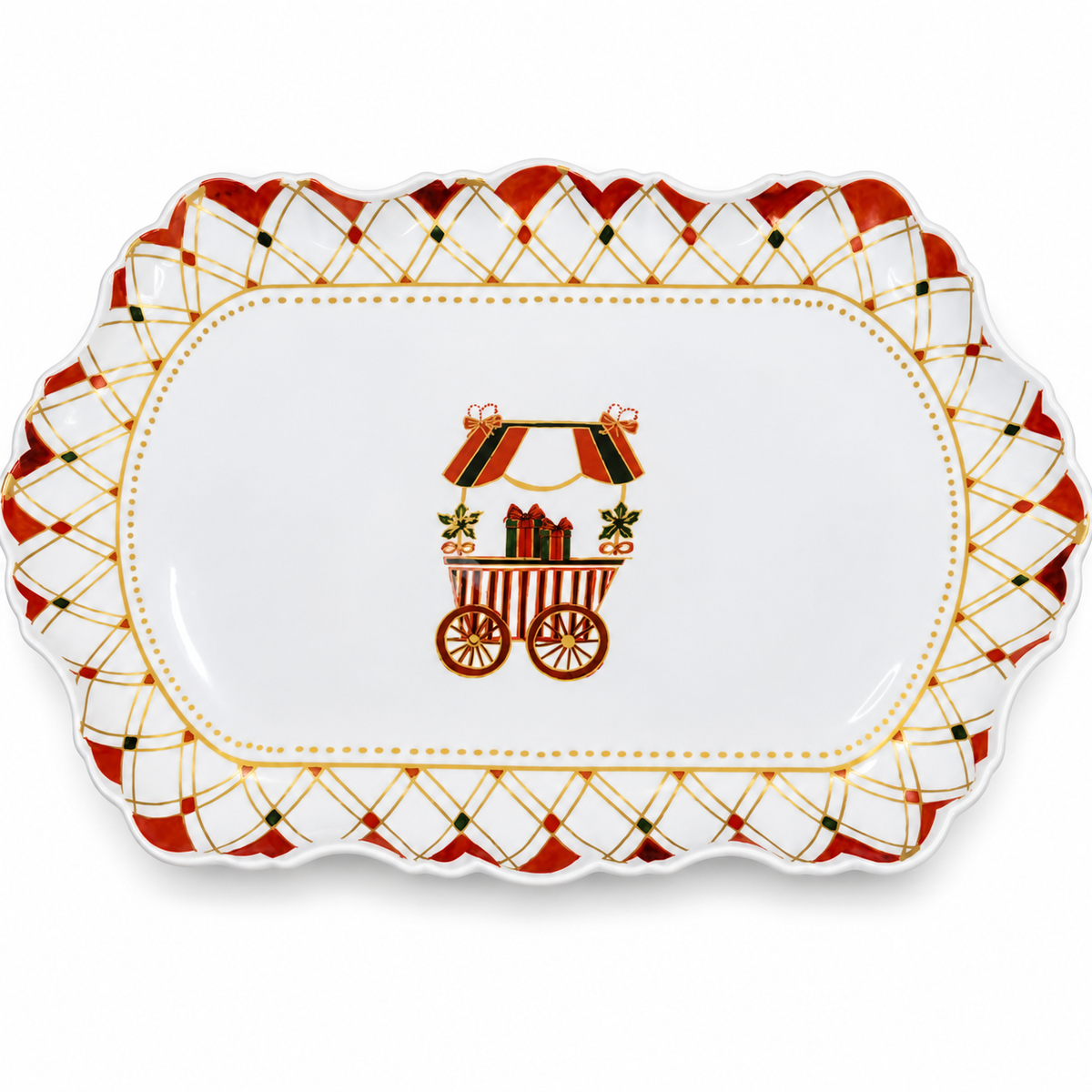 Travessa Decorativa Natalina em Porcelana com Detalhes Dourados e Vermelhos