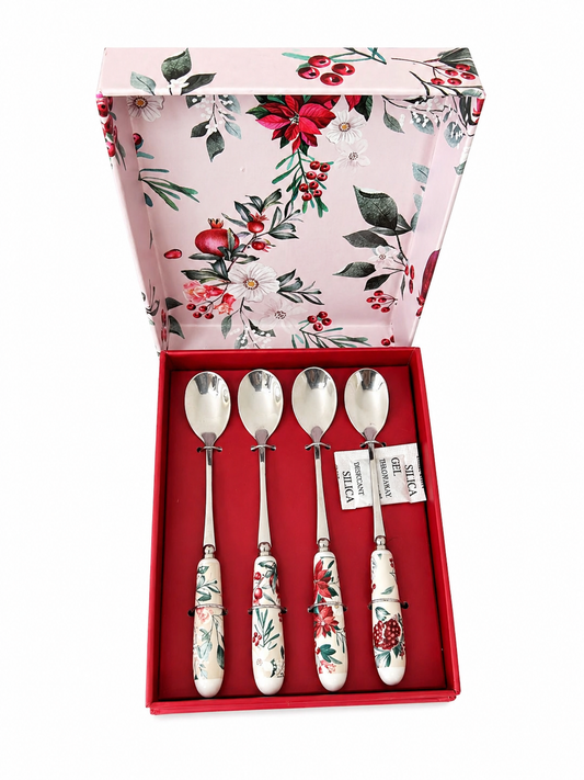 Conjunto 4 Colheres de Sobremesa Floral com Caixa Presente – Elegante e Delicado