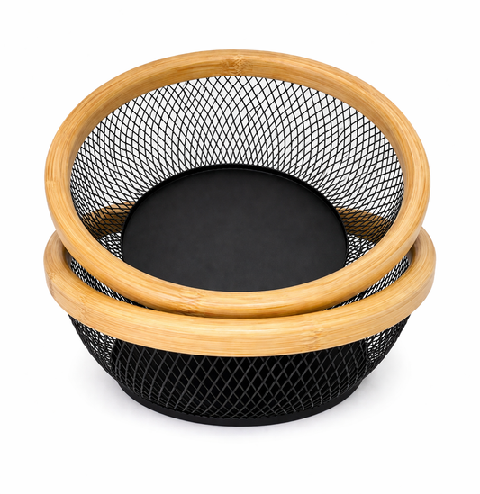 Cesto Organizador em Metal com Borda de Bambu – Design Moderno