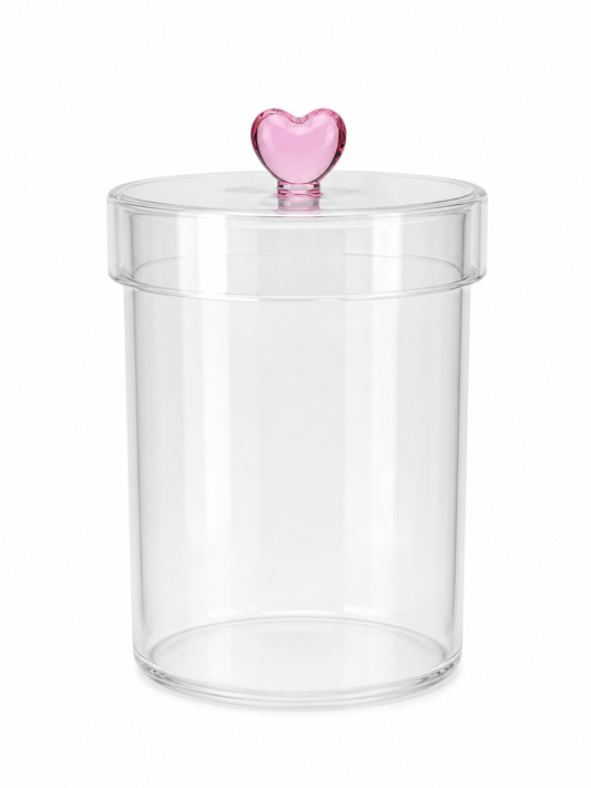 Pote Transparente Médio com Tampa e Puxador de Coração Rosa 900 ml