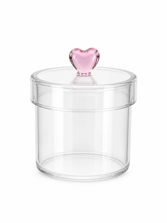 Pote Hermético Transparente Pequeno com Tampa e Puxador de Coração Rosa