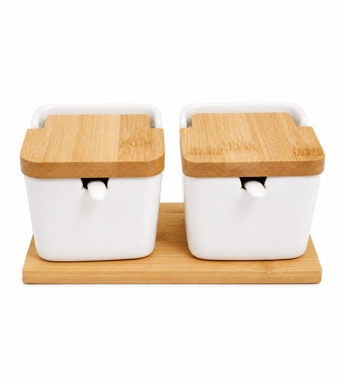 Kit Porta Temperos em Cerâmica com Tampa de Bambu e Bandeja