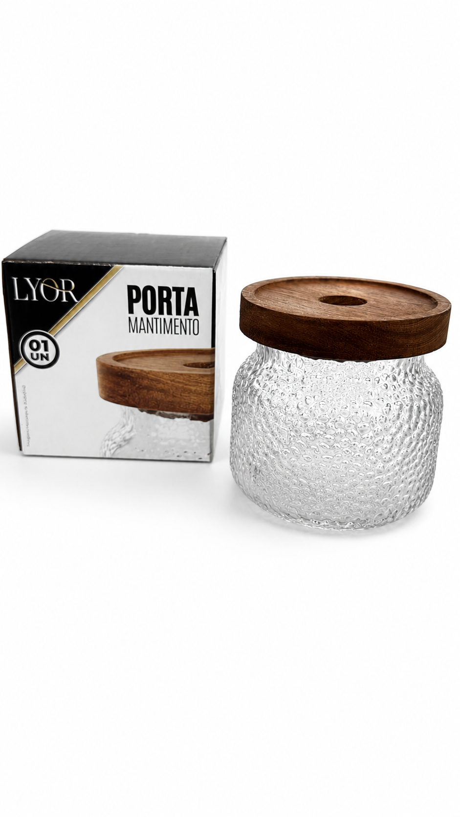 Porta Mantimento de Vidro Texturizado 350ml com Tampa de Madeira – Lyor