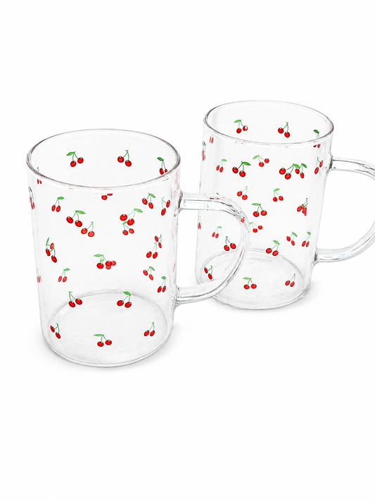 Caneca de Vidro Transparente Estampa Cerejinhas – 350ml