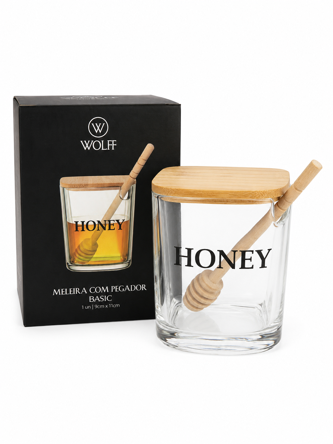 Meleira de Vidro com Tampa e Pegador de Madeira – Wolff Honey