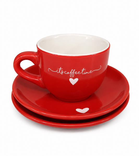 Jogo de 6 Xícaras Vermelhas “It’s Coffee Time” com Pires