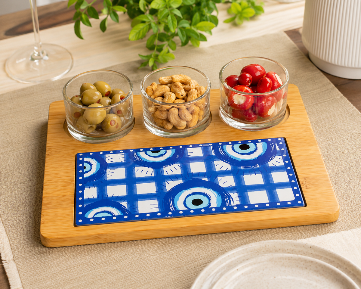 Conjunto para Servir Petiscos 5 Peças Greek Lyor com Bandeja de Bambu