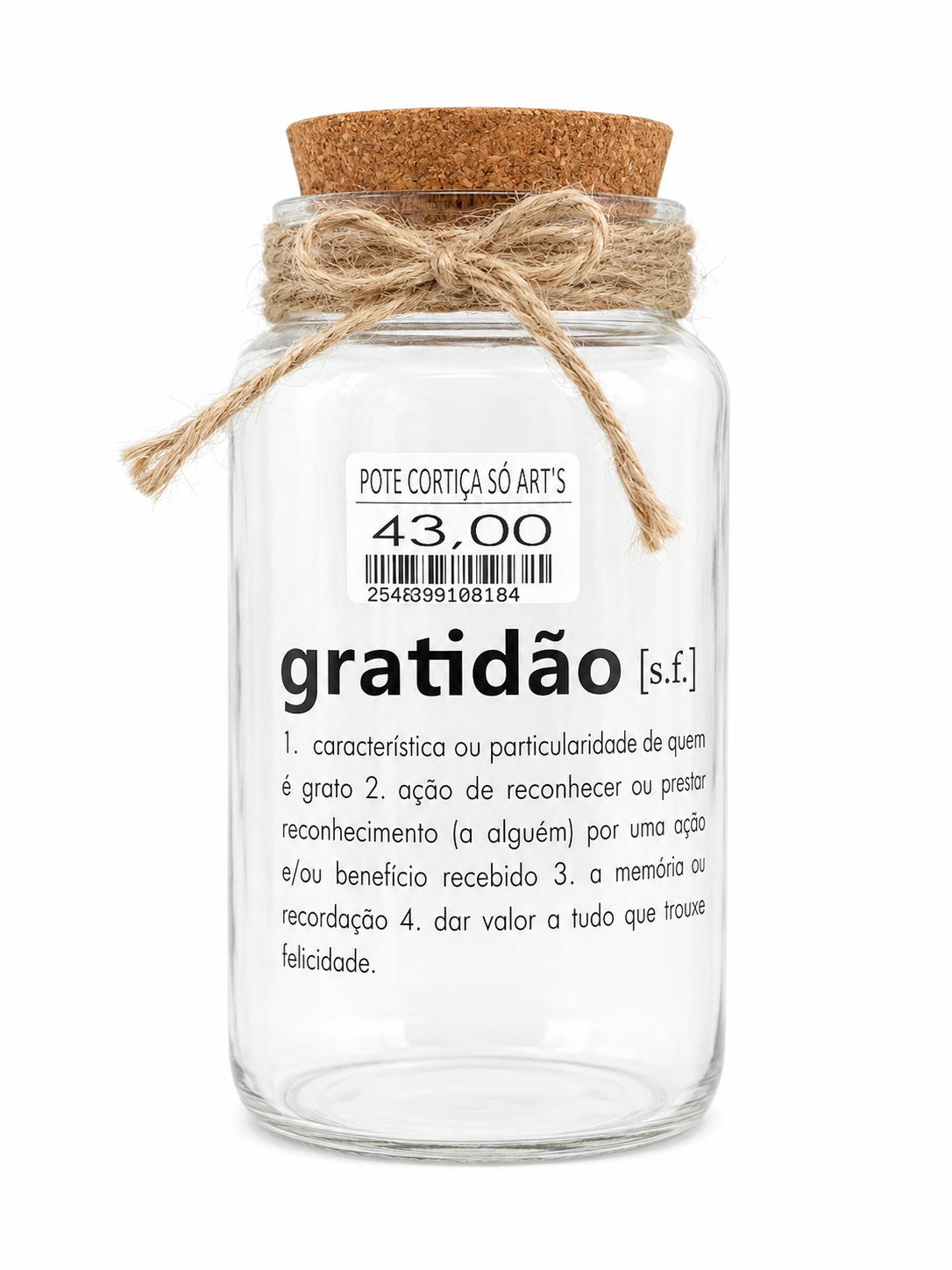 Pote Gratidão com Tampa de Cortiça e Laço Decorativo 750 ml