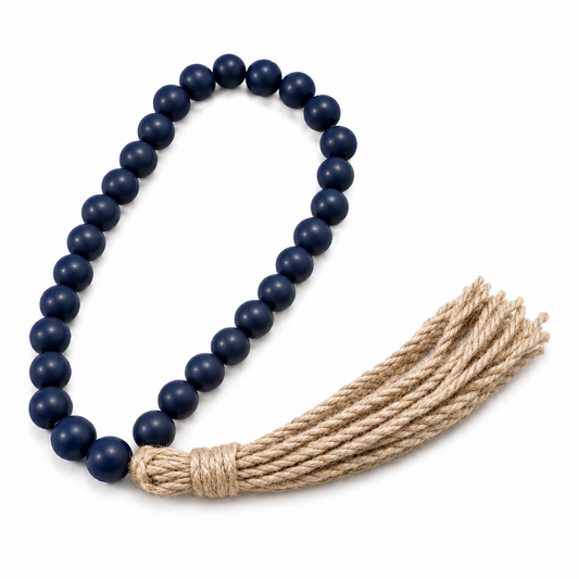 Cordão Decorativo com Esferas em Madeira Azul-Marinho e Tassel em Corda