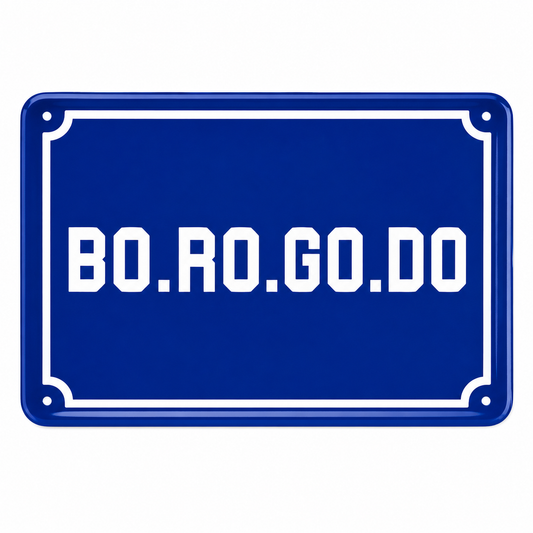 Placa Metal Decorativa “Bo.ro.go.do” Azul – 30x20 cm