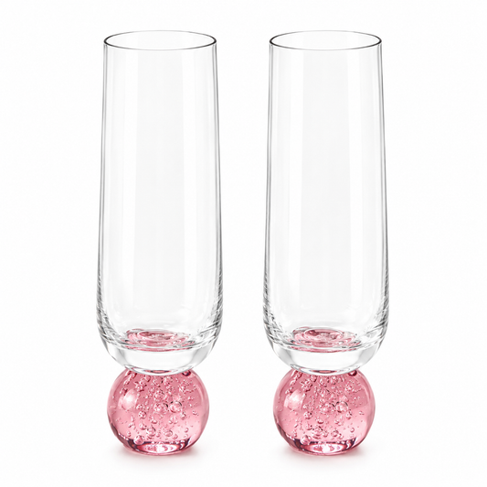 Jogo de 2 Taças Orbe para Espumante com Base Rosa em Bolha de Vidro – Kit 2 Peças