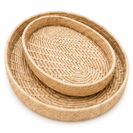 Kit Bandejas Ovais em Rattan Natural – Conjunto Decorativo e Organizador Mart