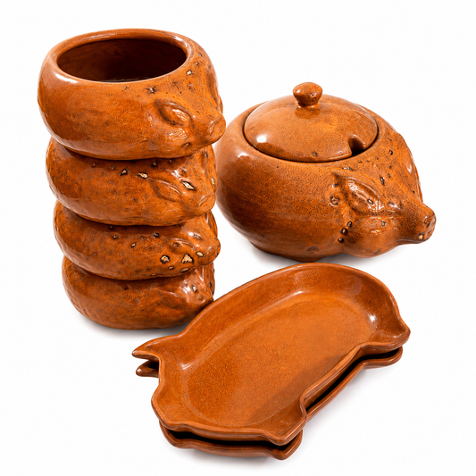 Conjunto para Feijoada em Cerâmica Rústica – Kit Porquinho Decorativo com Cumbucas e Travessas