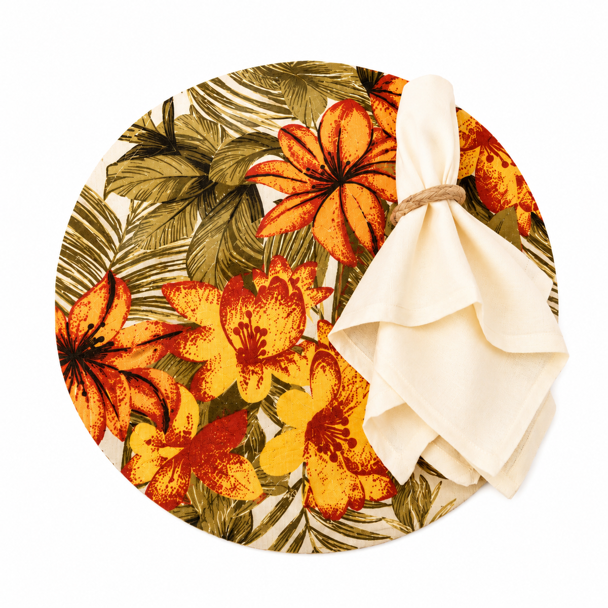 Lugar Americano Tropical Floral com Base em Madeira – Mesa Posta Elegante