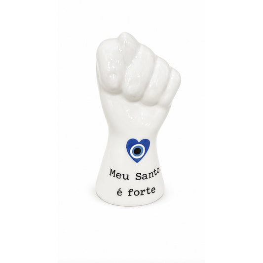 Escultura Decorativa Mão “Meu Santo é Forte” com Olho Grego