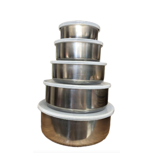Conjunto de Potes Redondos em Aço Inox com Tampa – Kit 5 Peças
