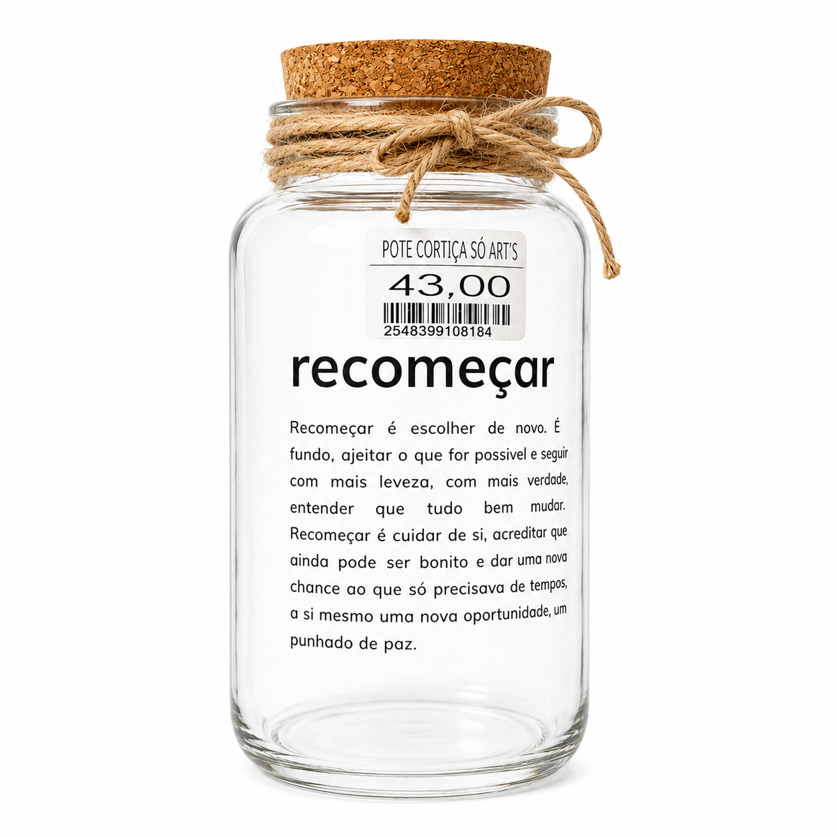 Pote Decorativo de Vidro “Recomeçar” com Tampa de Cortiça – 750ml